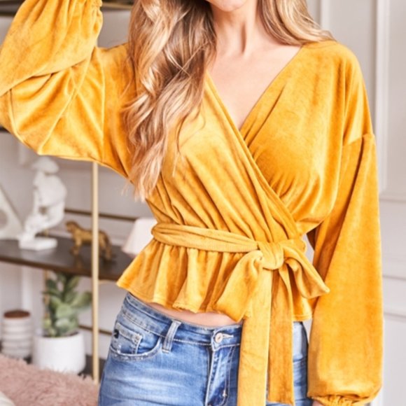 Tops - YELLOW Long sleeve Belted Peplum Blouse Top